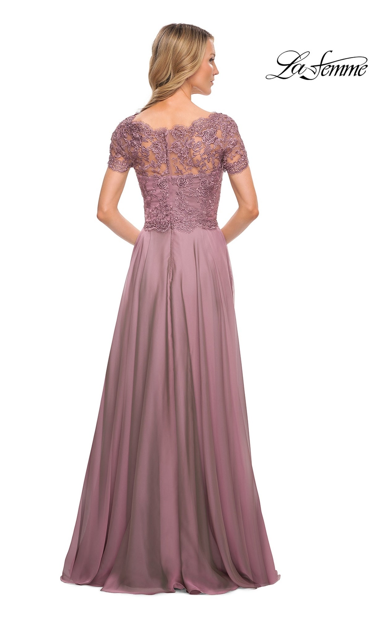 Woman in a mauve Long Formal Dress: La Femme 27098 with lace bodice, short sleeves, and chiffon A-line skirt, facing away from the camera.